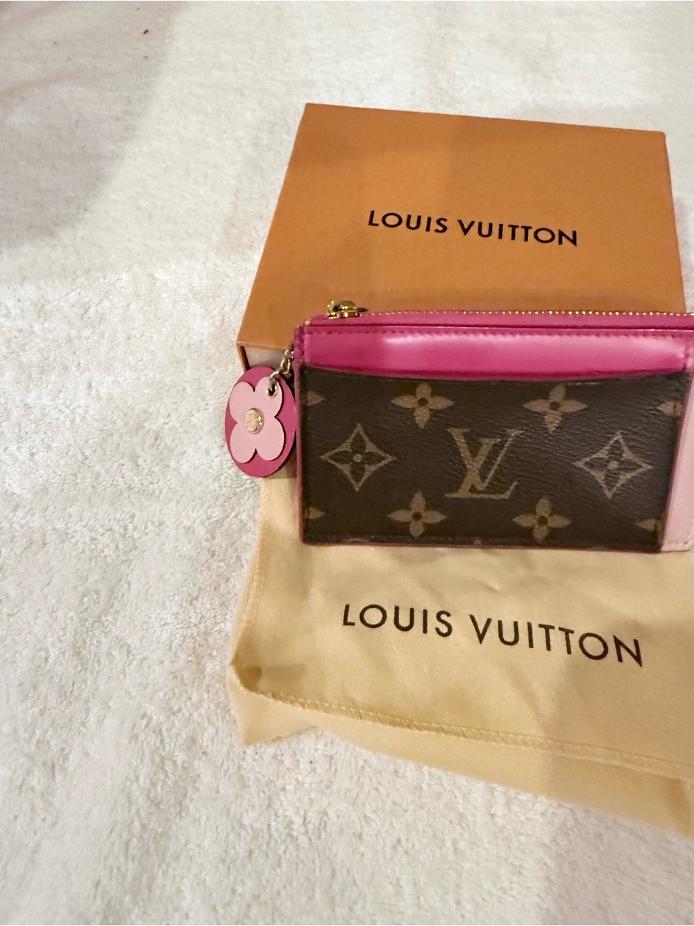 Louis Vuitton Brown Monogram Coin Purse with Pink Trim and Flower Charm